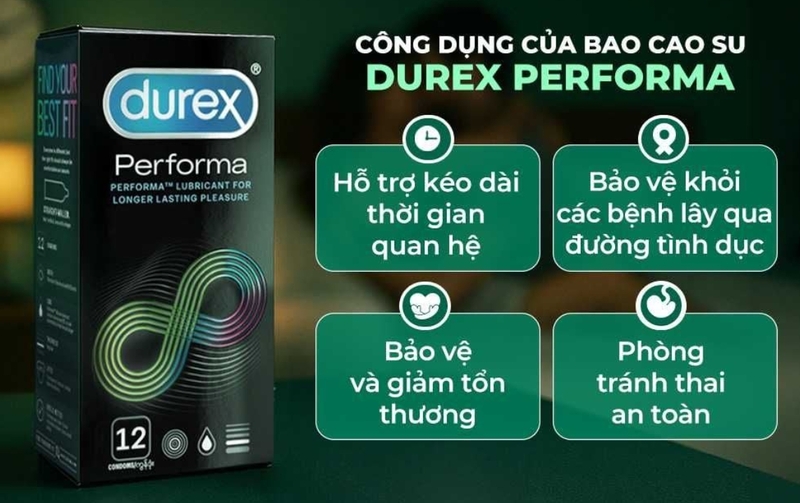 Durex Performa hỗ trợ kéo dài thời gian nhờ thiết kế dành cho người muốn kiểm soát cuộc yêu tốt hơn. 
