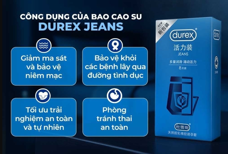 Durex Jeans là dòng bao cao su cơ bản, dễ dùng và phù hợp với người mới bắt đầu. 